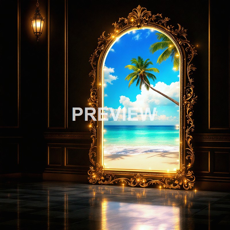 The image features an ornate, gold-framed mirror on a dark wall, reflecting a bright, tropical beach scene with a clear blue sky, fluffy white clouds, turquoise water, sandy shore, and a leaning palm tree.